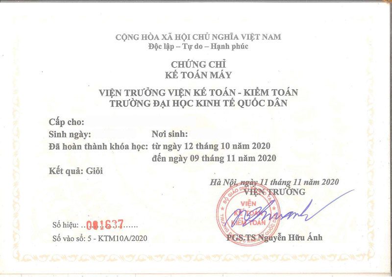 Mẫu chứng chỉ kế toán máy của Đại học Kinh tế Quốc dân