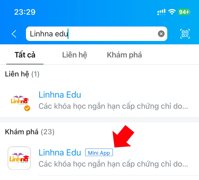 Để truy cập Zalo Mini App Giáo dục Linhna bạn vào Zalo, tại thanh tìm kiếm gõ Giáo dục Linhna