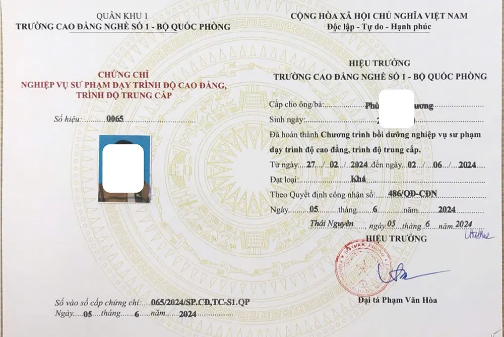 Mẫu chứng chỉ nghiệp vụ sư phạm dạy trình độ cao đẳng, trình độ trung cấp