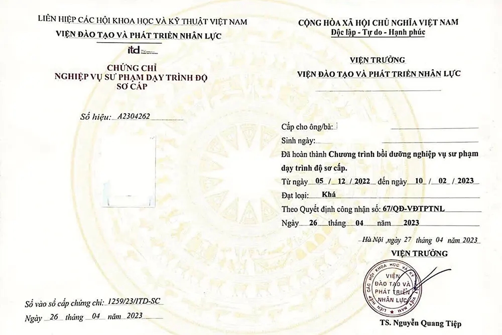 Mẫu chứng chỉ nghiệp vụ sư phạm dạy trình độ sơ cấp