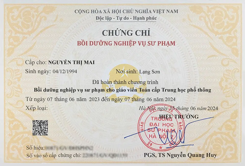 Mẫu chứng chỉ nghiệp vụ sư phạm THPT