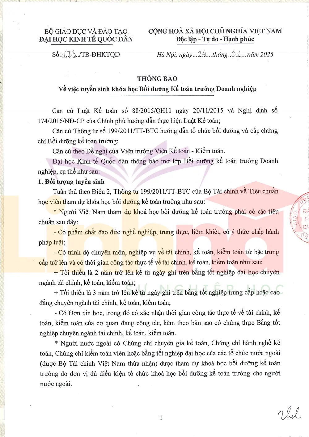 Thông báo tuyển sinh khóa học kế toán trưởng doanh nghiệp - Đại học Kinh tế Quốc dân trang 1