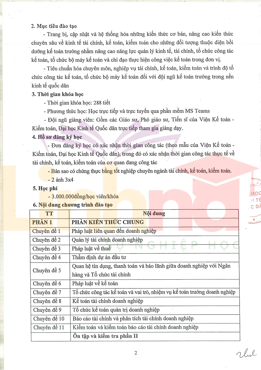 Thông báo tuyển sinh khóa học kế toán trưởng doanh nghiệp - Đại học Kinh tế Quốc dân trang 2