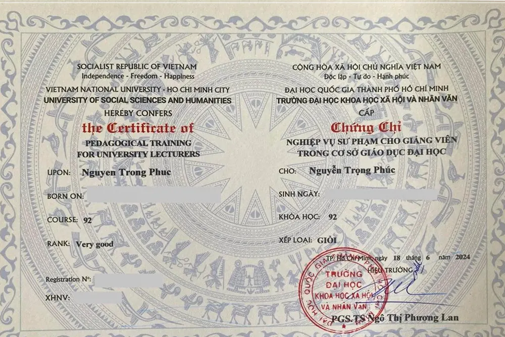 Mẫu chứng chỉ nghiệp vụ sư phạm Đại học Khoa học Xã hội và Nhân văn cấp