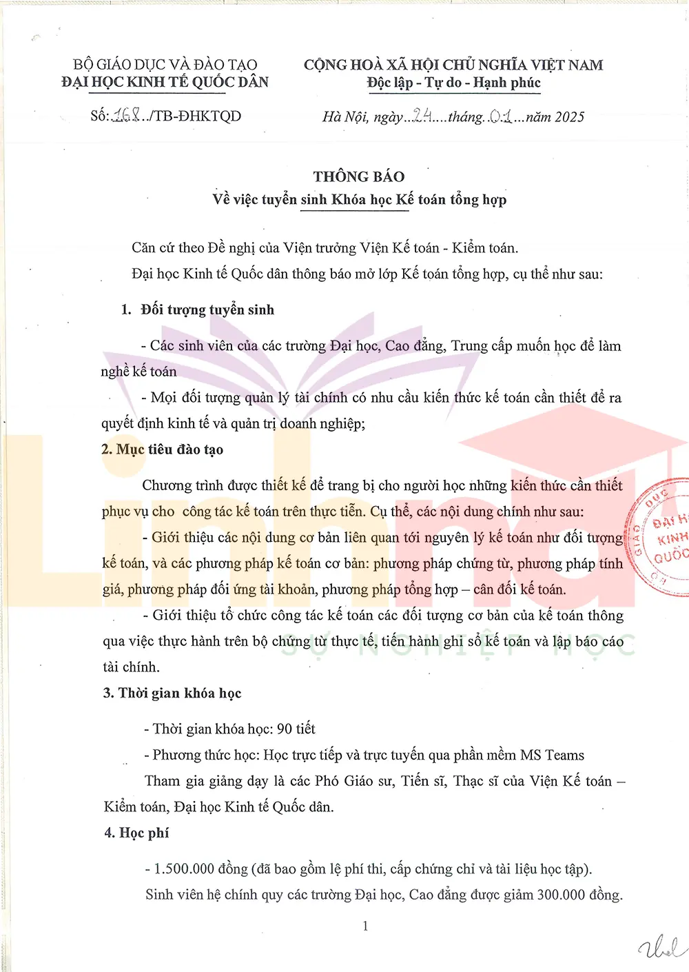 Thông báo tuyển sinh khóa học kế toán tổng hợp - Đại học Kinh tế Quốc dân trang 1