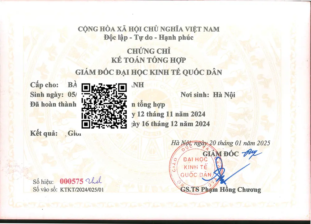 Mẫu chứng chỉ kế toán tổng hợp của Đại học Kinh tế Quốc dân