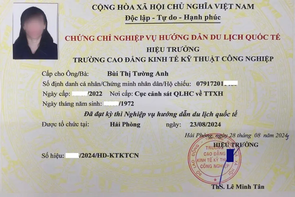 Mẫu chứng chỉ nghiệp vụ hướng dẫn du lịch