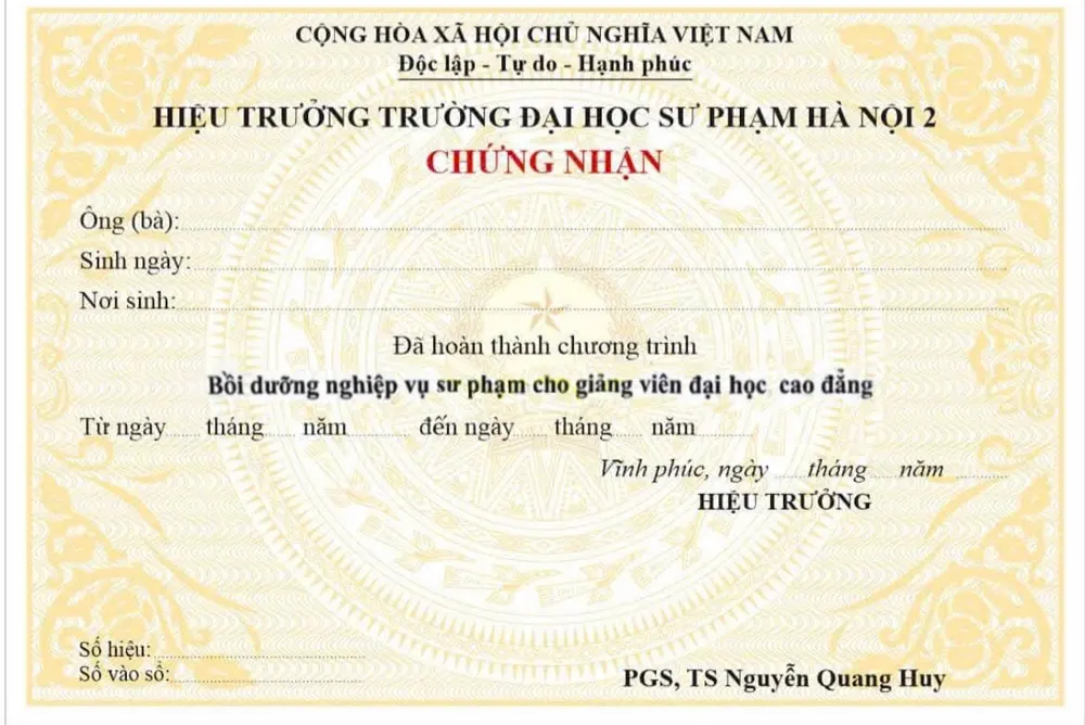 Mẫu chứng nhận nghiệp vụ sư phạm giảng viên