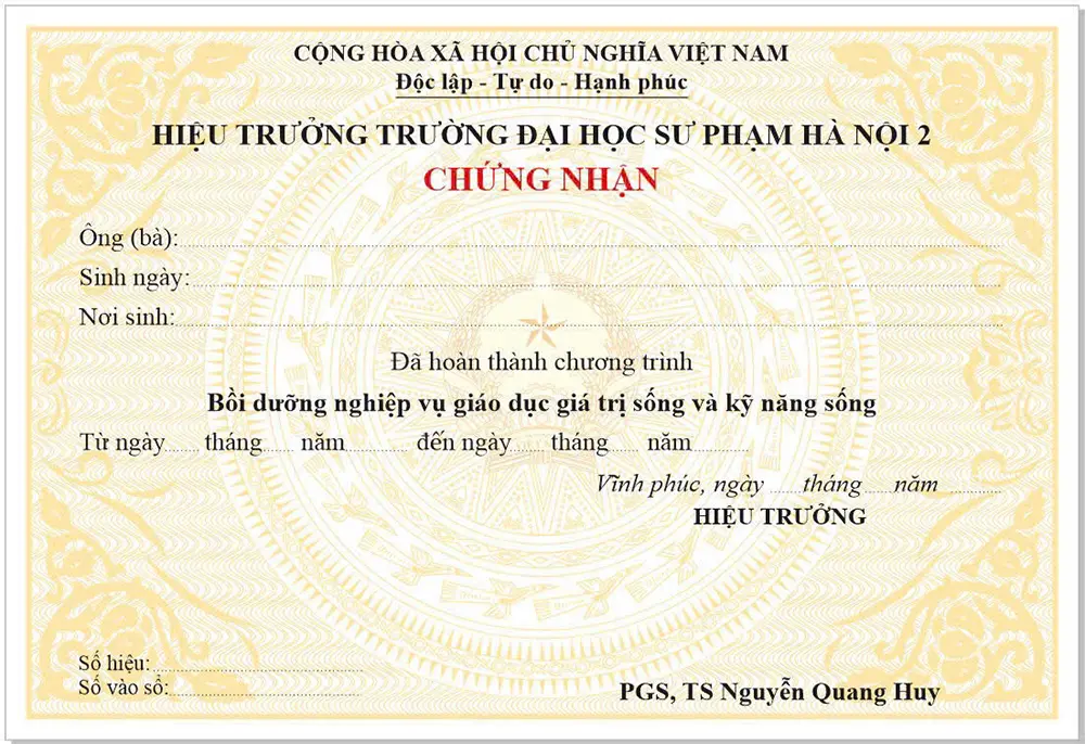 Mẫu chứng nhận dạy kỹ năng sống