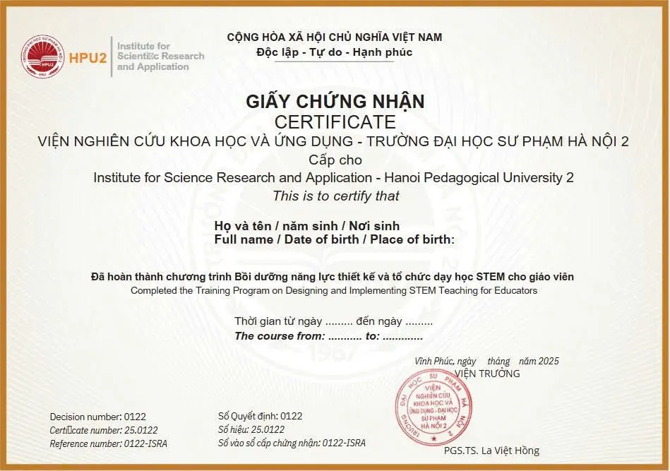 Mẫu chứng nhận bồi dưỡng phương pháp giảng dạy STEAM cho giáo viên