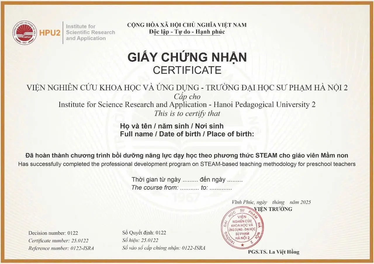 Mẫu chứng nhận bồi dưỡng phương pháp giảng dạy STEAM cho giáo viên Mầm non