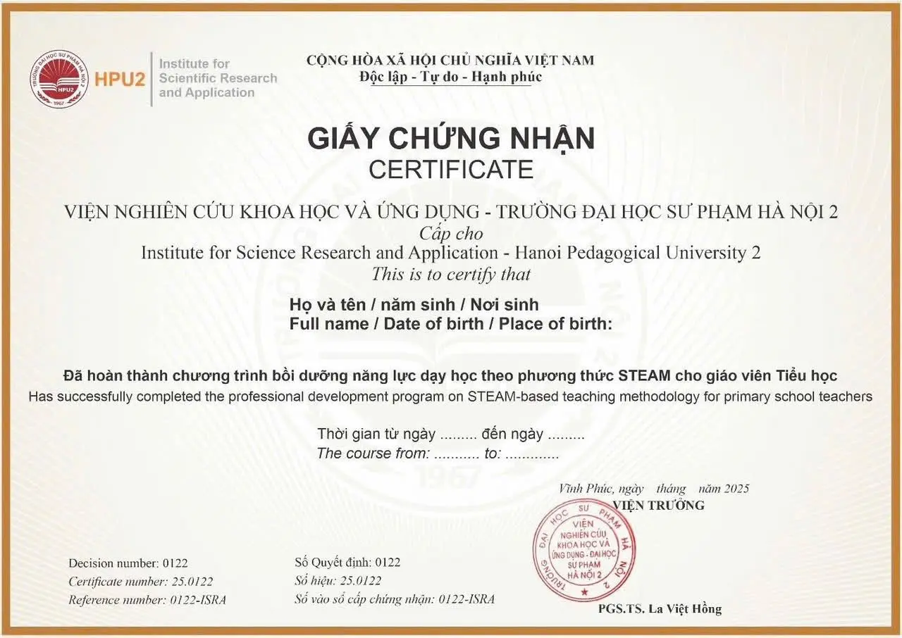 Mẫu chứng nhận bồi dưỡng phương pháp giảng dạy STEAM cho giáo viên Tiểu học