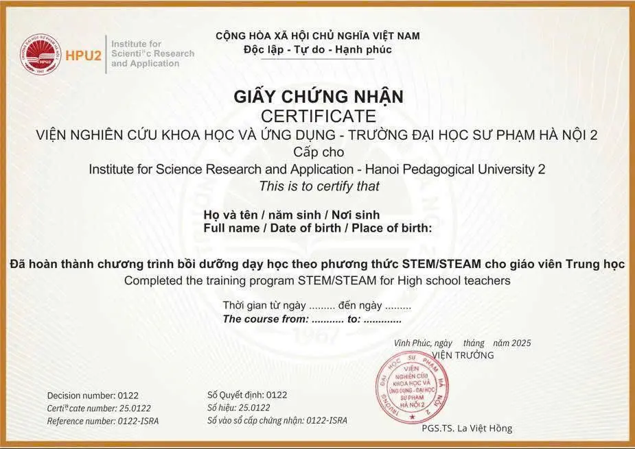 Mẫu chứng nhận bồi dưỡng phương pháp giảng dạy STEAM cho giáo viên Trung học