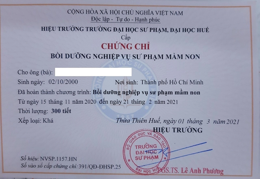 Mẫu chứng chỉ nghiệp vụ sư phạm mầm non