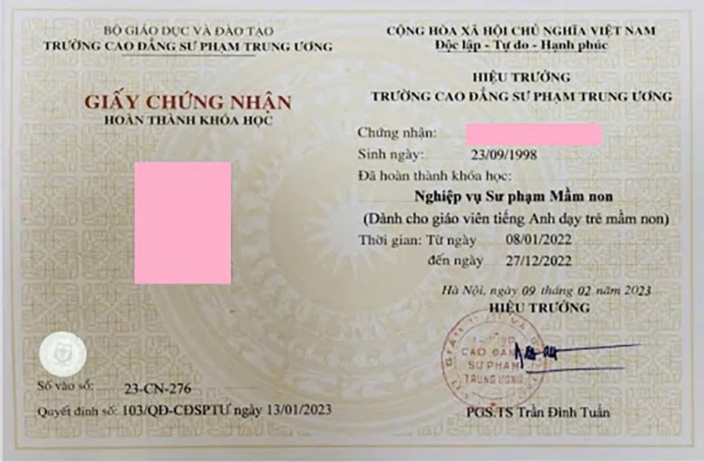 Mẫu chứng chỉ nghiệp vụ sư phạm mầm non
