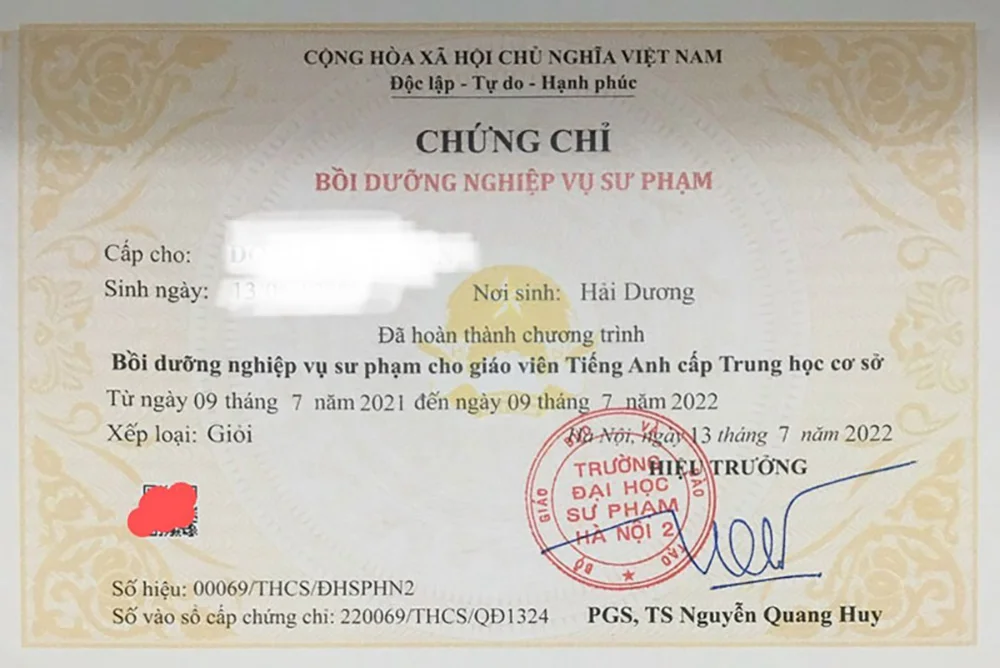 Mẫu chứng chỉ nghiệp vụ sư phạm THCS