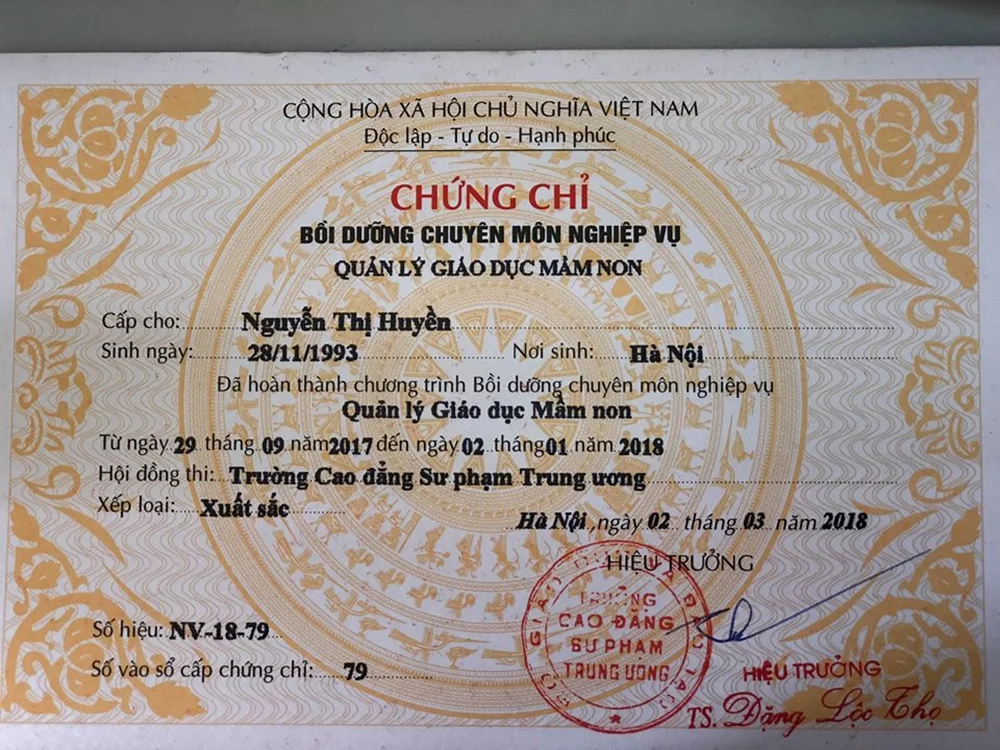 Mẫu chứng chỉ quản lý giáo dục mầm non