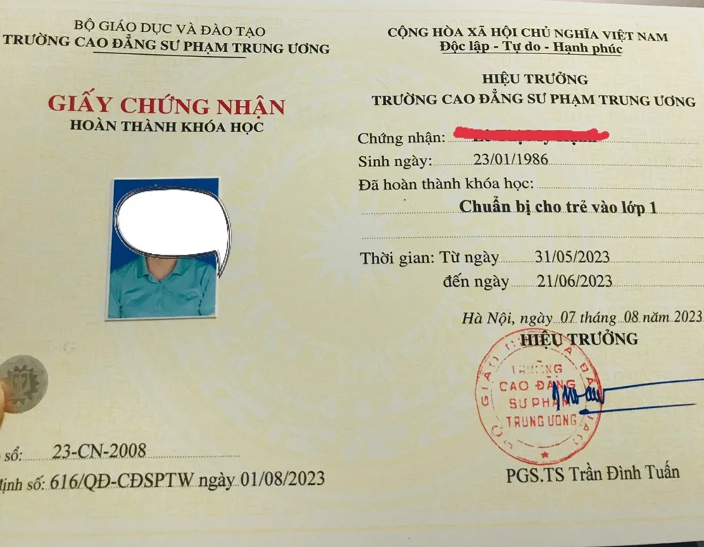 Mẫu chứng chỉ nghiệp vụ dạy tiền tiểu học