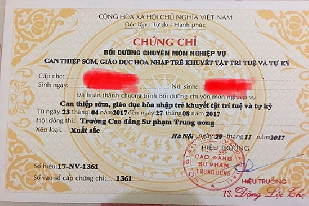 Mẫu chứng chỉ nghiệp vụ giáo dục đặc biệt