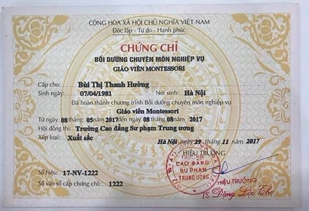 Mẫu chứng chỉ giáo viên Montessori
