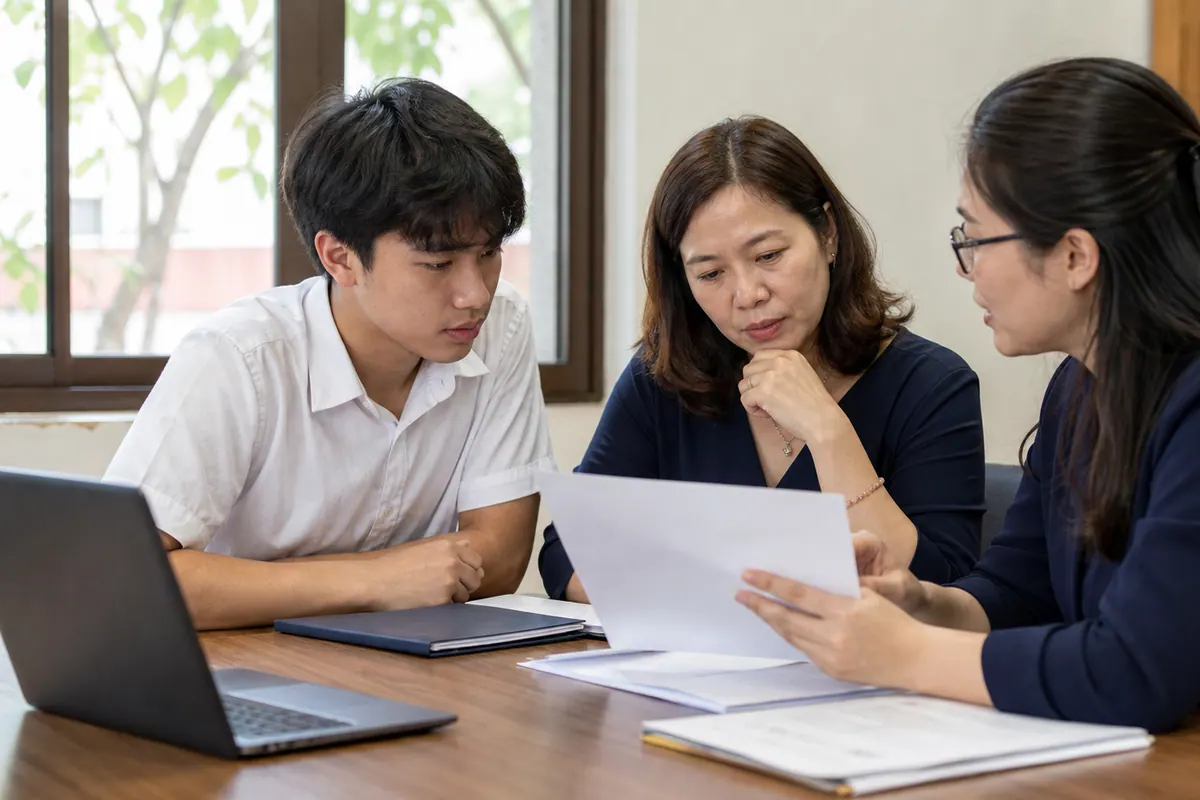 Học sinh và phụ huynh Việt Nam cùng chuyên viên tư vấn tìm hiểu chương trình cấp bằng Anh
