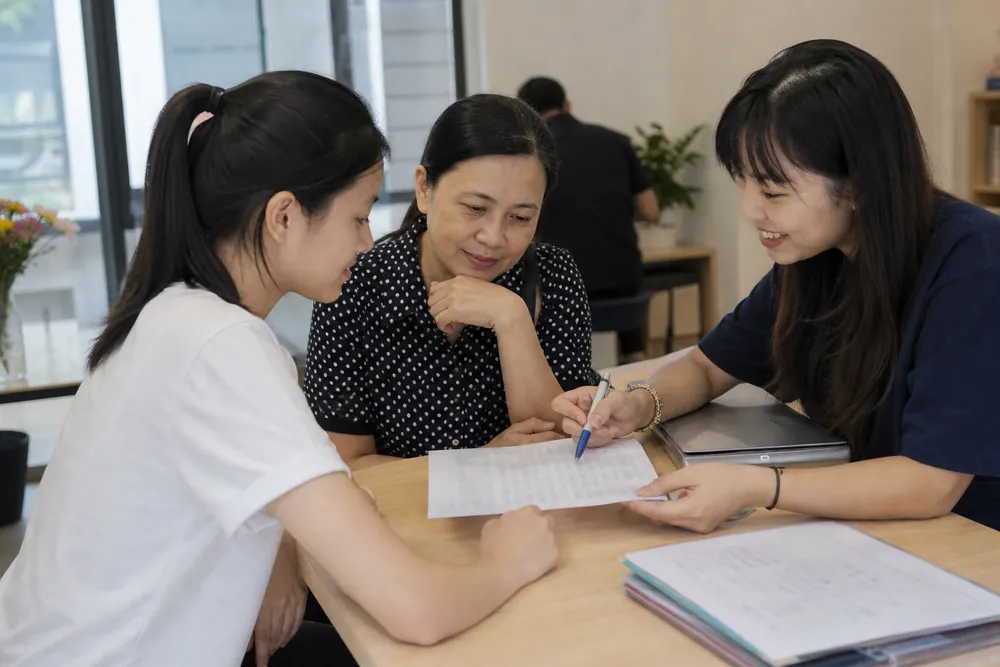 Học sinh lớp 12 cùng phụ huynh đối chiếu điểm HSA, APT và TSA với bảng phương thức xét tuyển
