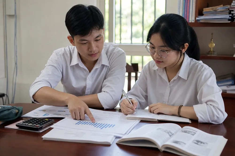 Học sinh Việt Nam giỏi tiếng Anh thử phân tích một tình huống kinh doanh và bảng số liệu cùng bạn học