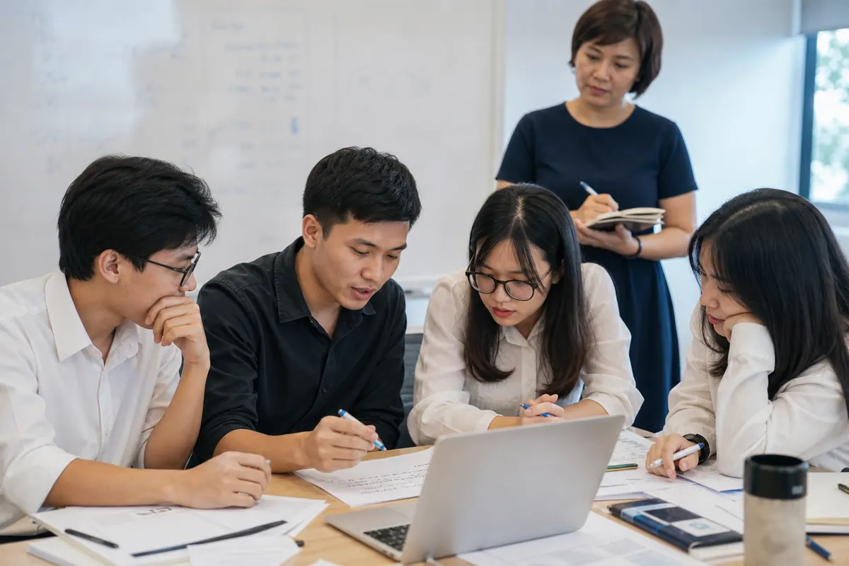 Nhóm sinh viên Việt Nam giải tình huống tuyển dụng trong buổi phỏng vấn thử tại trường đại học