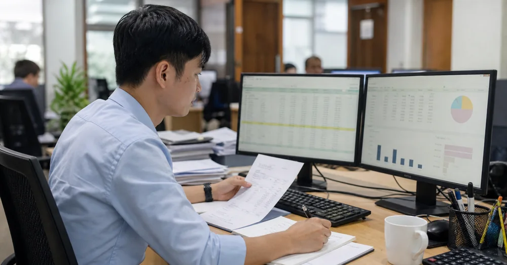 Nhân viên kế toán sử dụng phần mềm phân tích dữ liệu và AI