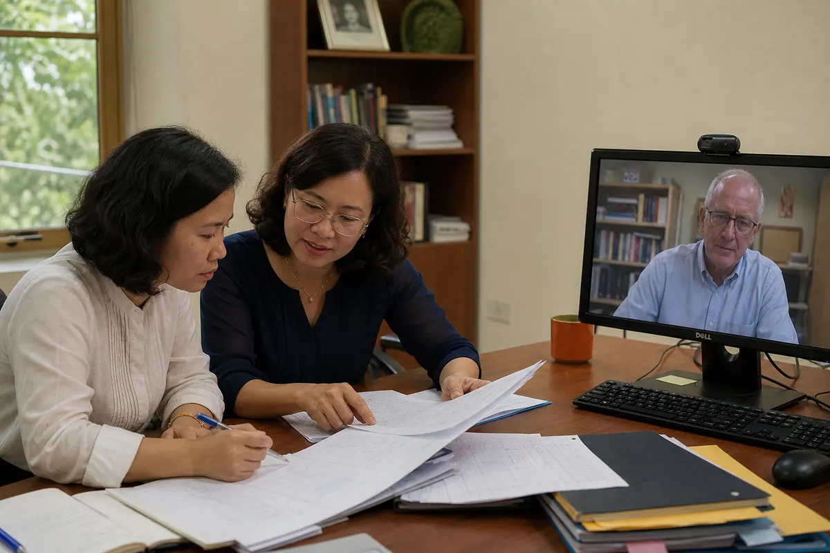 Giảng viên Việt Nam rà soát bài đánh giá với chuyên gia học thuật tham gia trực tuyến