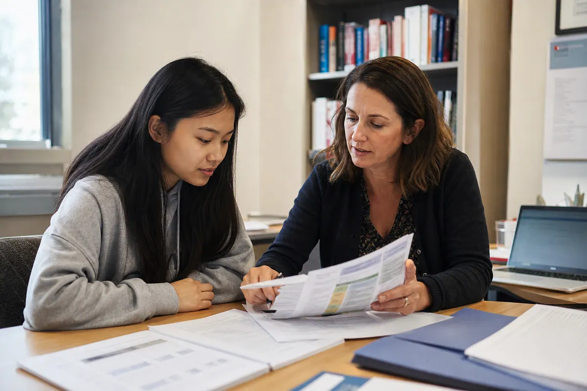 Sinh viên Việt Nam cùng cố vấn học thuật xem handbook và bảng điểm mẫu của chương trình cử nhân