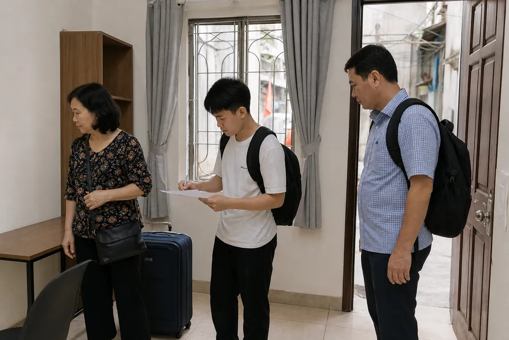 Học sinh ở tỉnh và phụ huynh xem phòng ở, bàn học và danh sách chuẩn bị tại Hà Nội