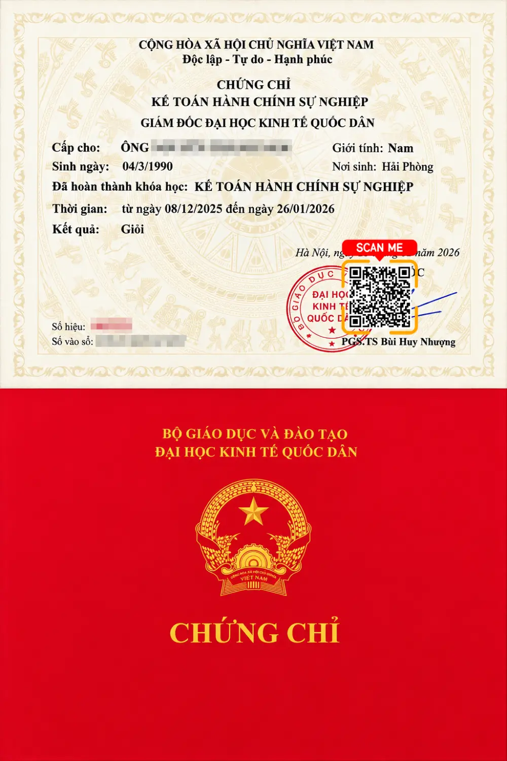 Mẫu chứng chỉ kế toán hành chính sự nghiệp thực tế do NEU đào tạo và cấp