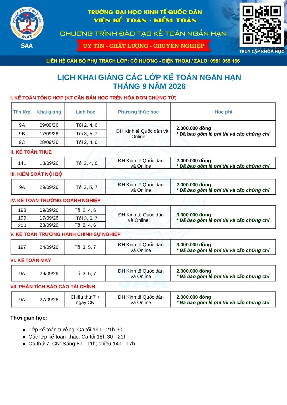 Lịch khai giảng các lớp kế toán Đại học Kinh tế Quốc dân